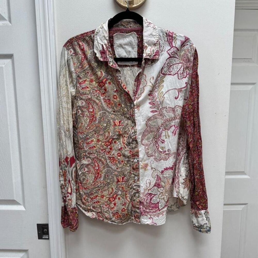 Paisley Split Panel Cotton Button Up Boho Blouse